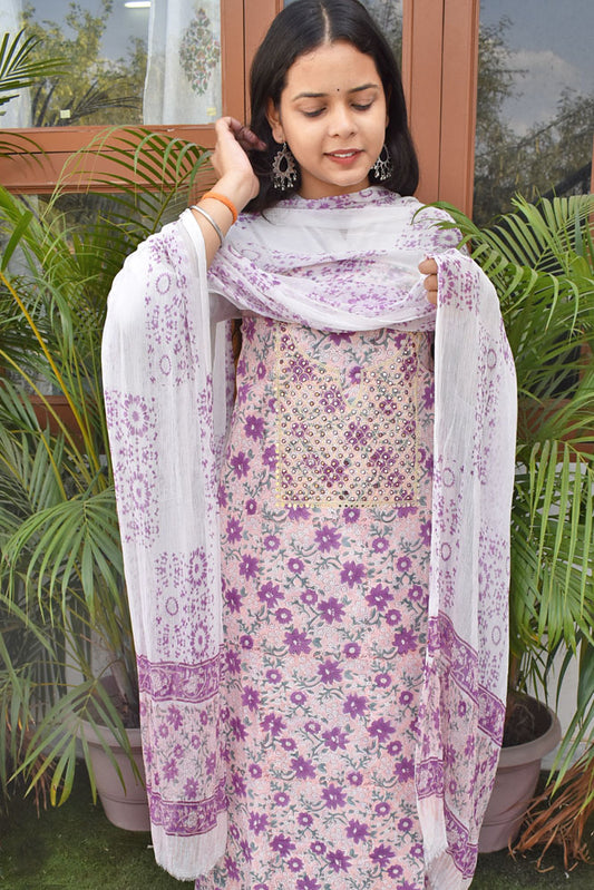 Beautiful Cotton Unstitched Suit Fabric with Mirror work