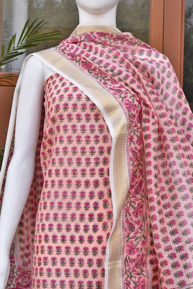 Beautiful Hand Block Printed Maheshwari Silk Cotton Unstitched suit fabric - 3 pc set