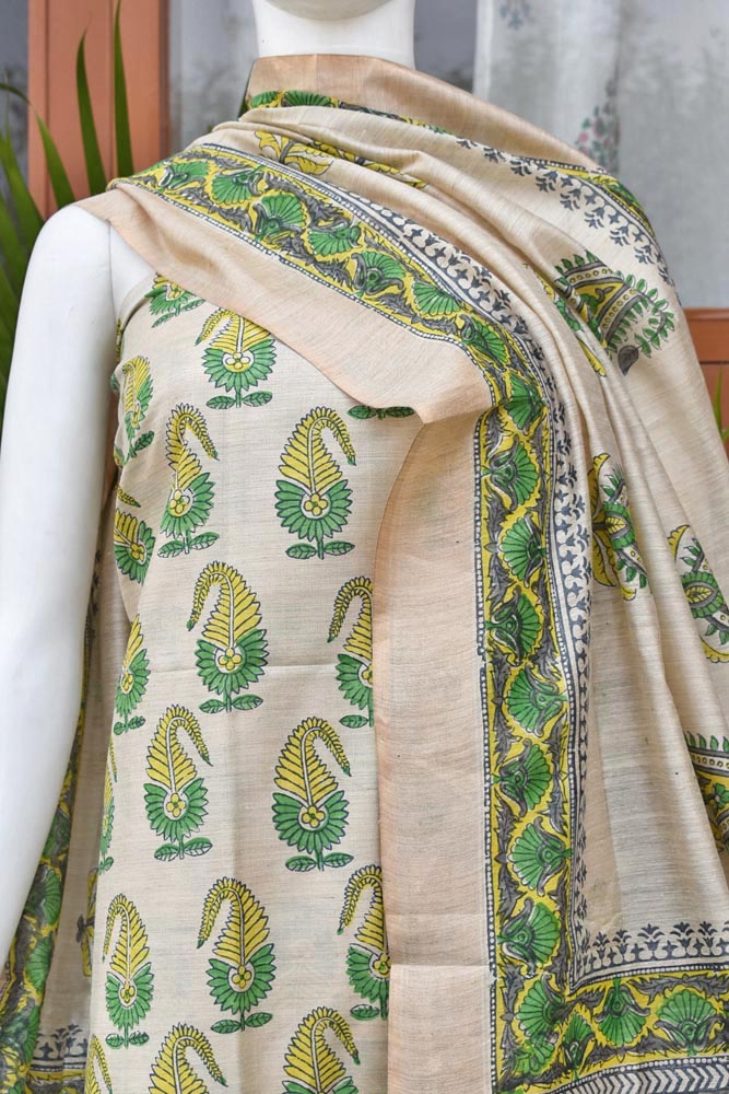 Elegant Hand Block printed Moonga Tussar Silk Kurta Dupatta Set