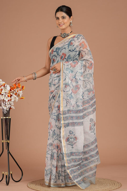 Beautiful Hand Block Printed Kota cotton Saree with zari border