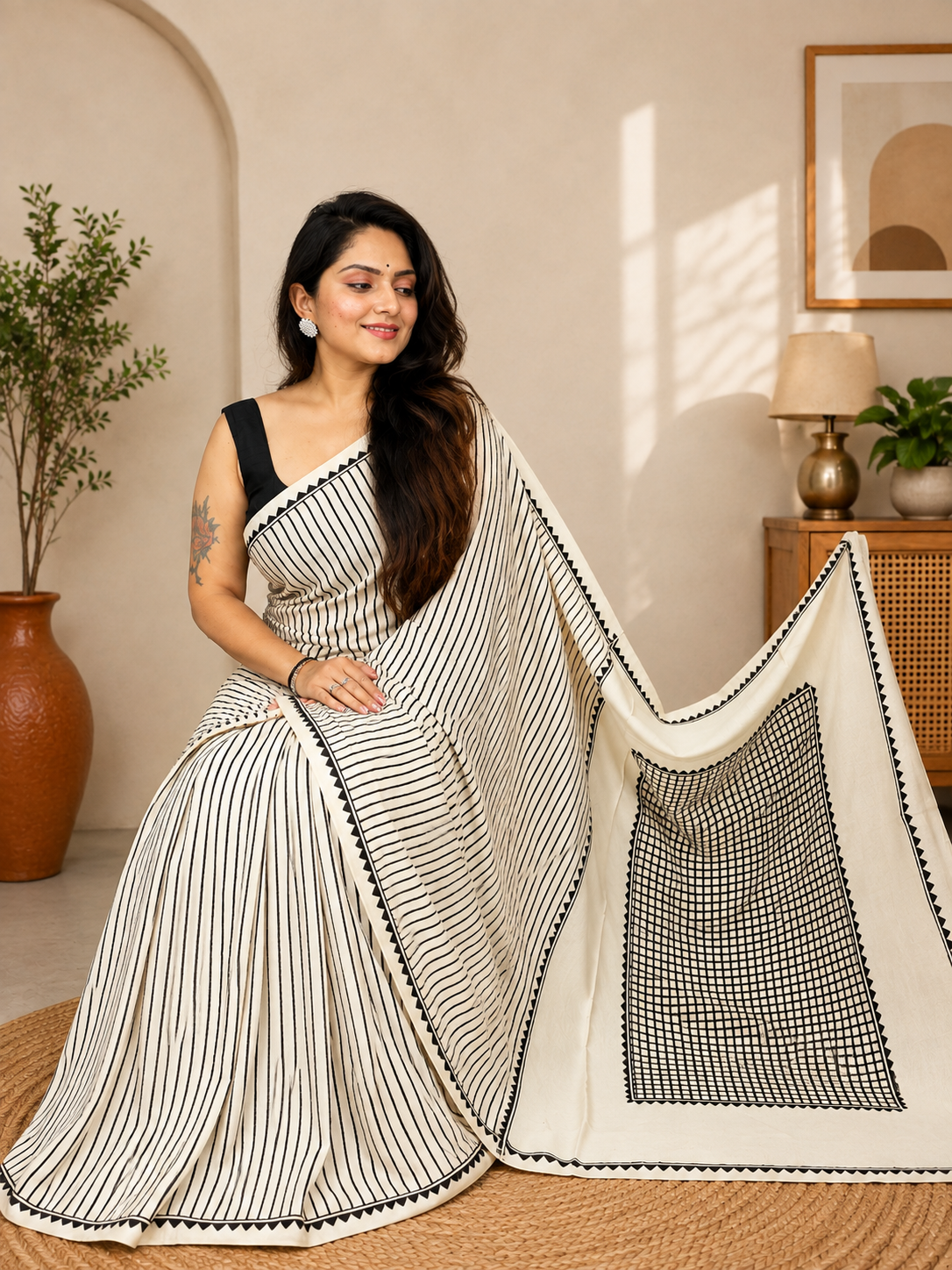 Elegant Hand Block Printed Ajrakh Modal Silk Saree