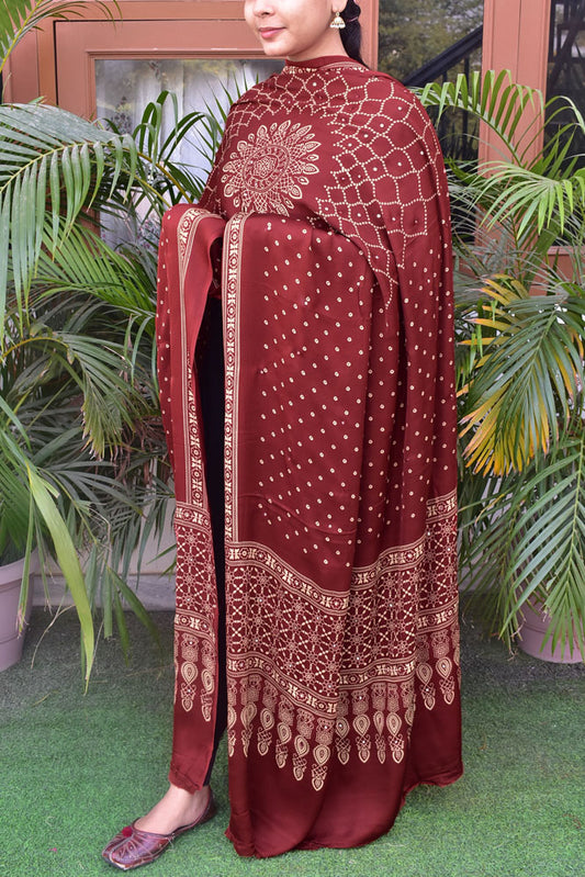 Elegant Modal Silk Dupatta with  Bandhani Print & Foil Mirror Work