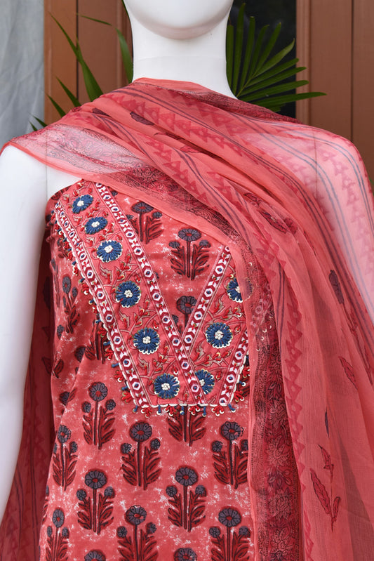 Premium Dabu Ajrakh Cotton Unstitched Suit with Intricate Hand Embroidery, mirror & sequin work & chiffon dupatta