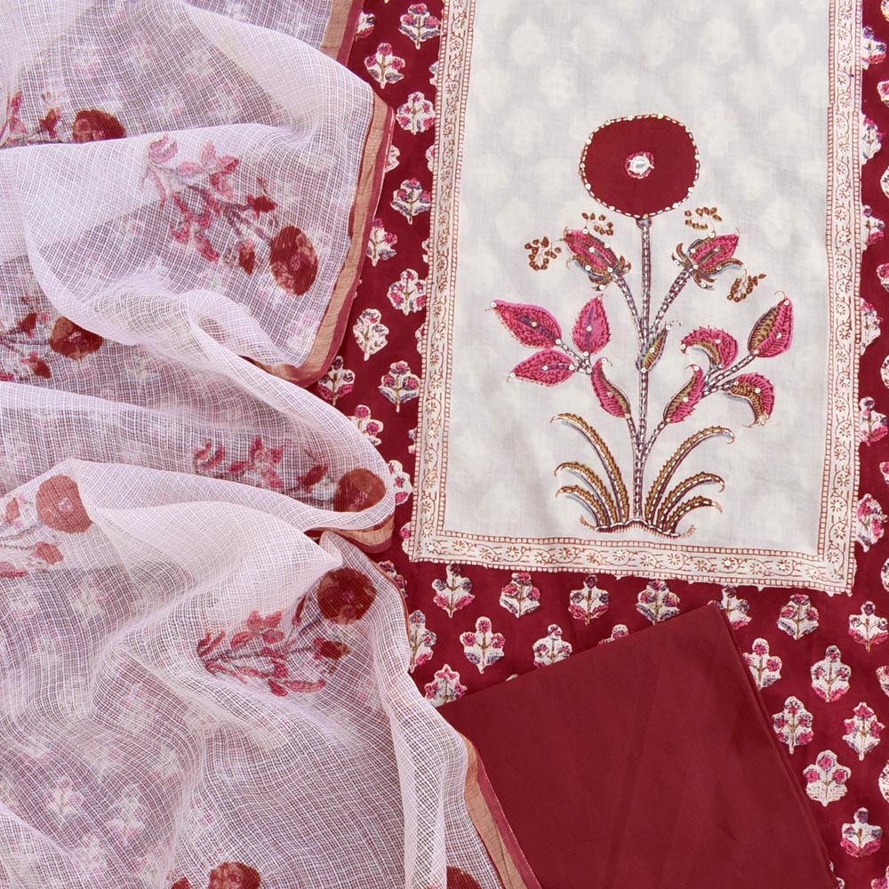 Beautiful Cotton Unstitched Suit Fabric with Embroidery, sequin & mirror work & Kota Doria cotton dupatta