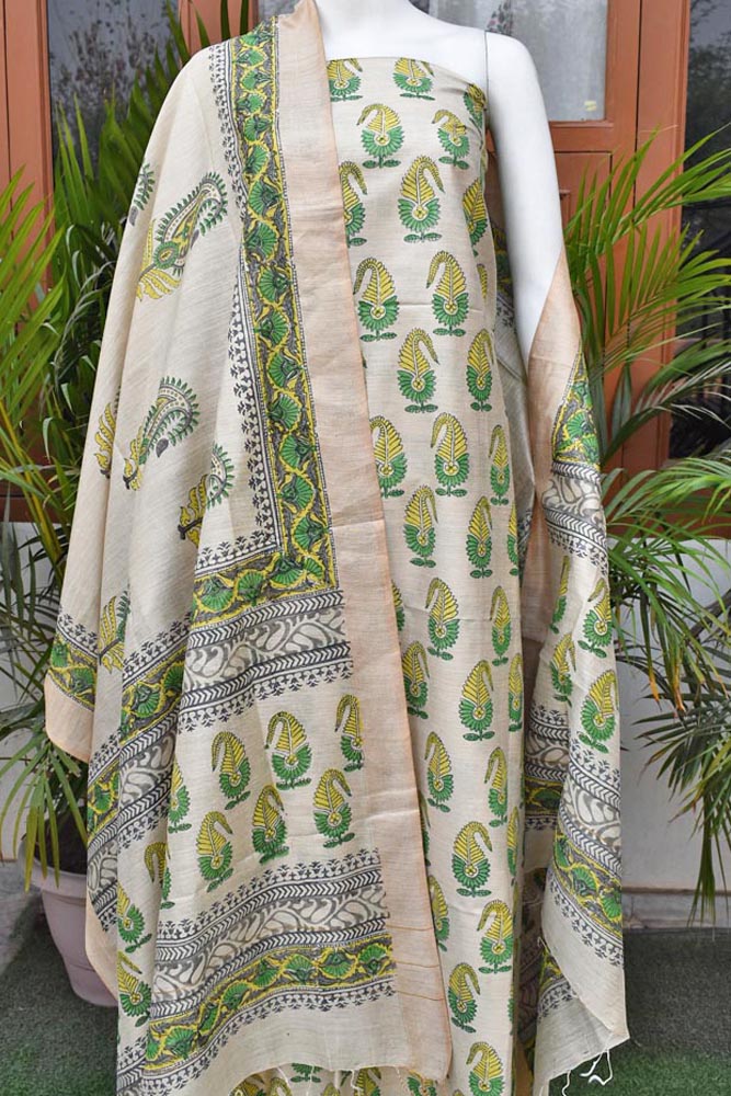 Elegant Hand Block printed Moonga Tussar Silk Kurta Dupatta Set