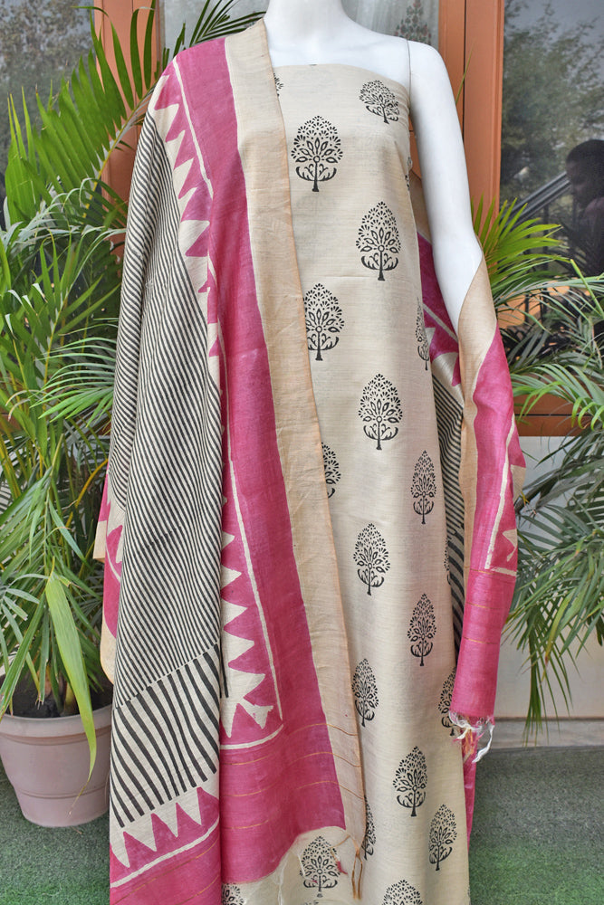 Elegant Hand Block printed Bhagalpuri Silk Kurta Dupatta Set