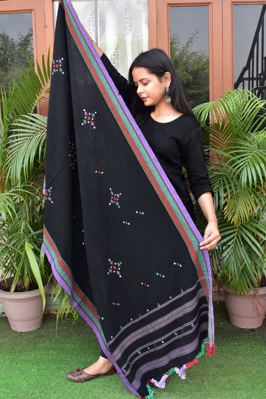 Elegant Handwoven Organic Kala Cotton Bhujodi Dupatta with Mirror , Miri Work and Tassels