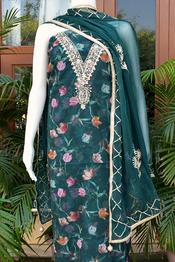 Beautiful Organza unstitched suit fabric with Gota Patti Work, Hand embroidery & Chiffon dupatta with Gota Work