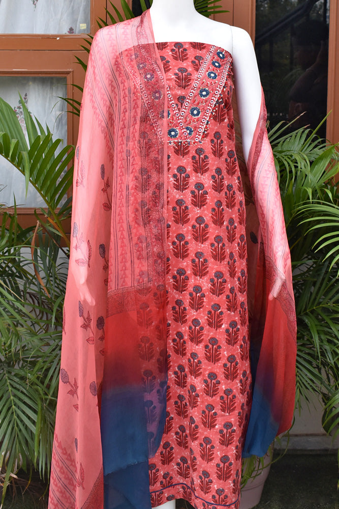 Premium Dabu Ajrakh Cotton Unstitched Suit with Intricate Hand Embroidery, mirror & sequin work & chiffon dupatta