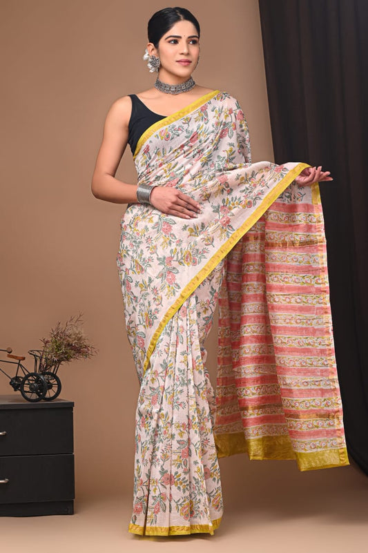 Beautiful Hand Block Printed Chanderi Silk Cotton Saree