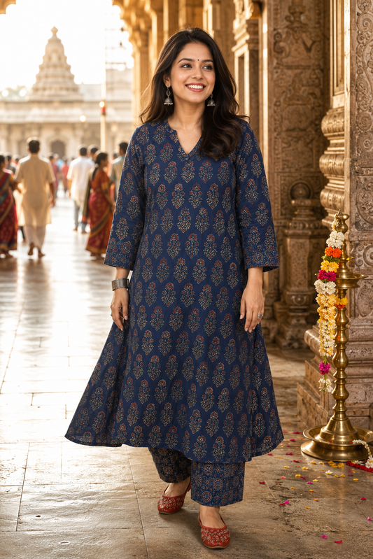 Designer Ajrakh cotton Kurta & Pant With Mirror Work - Size 38 to 46 ( all sizes)