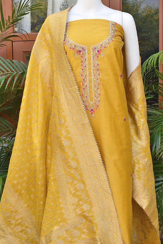 Beautiful Chanderi unstitched suit fabric with Banarasi Dupatta & Matching Potli bag