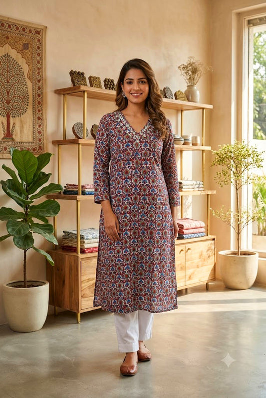 Designer Hand Block Printed cotton Kurta With Mirror Work - Size 40 to 46 ( all sizes)
