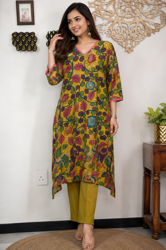 Designer Hand Printed Kalamkari Bangalore silk Kurta