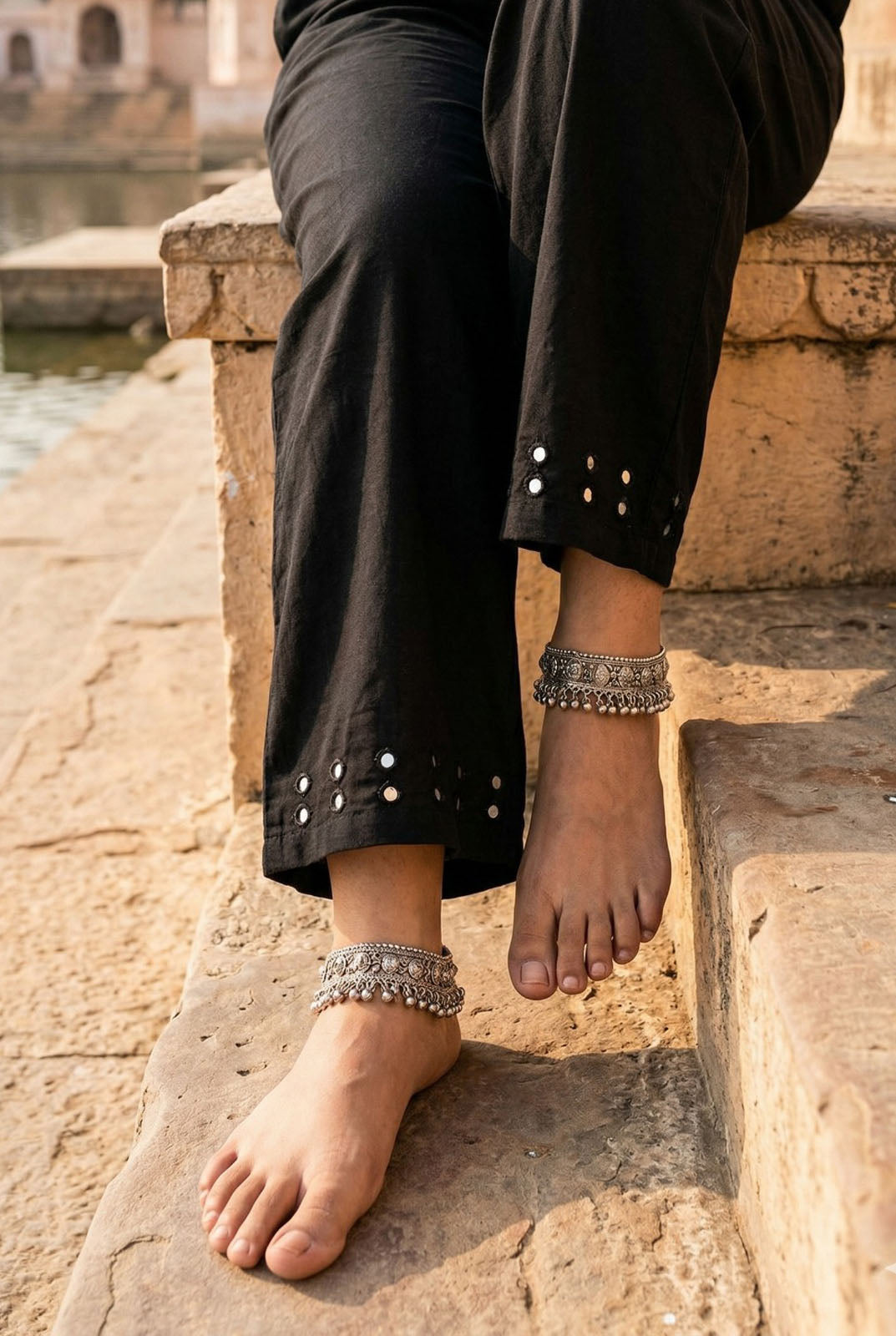 Elegant Cotton Pant With Kutch Mirror Work - Black  (Size - 38 - 46)