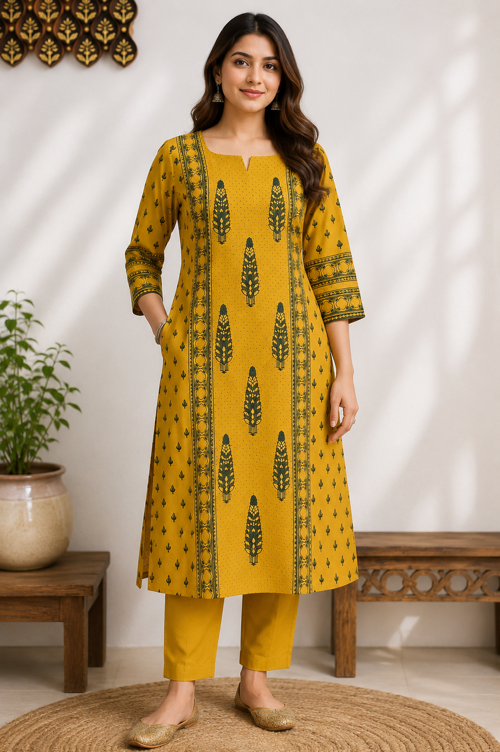 Designer Ajrakh Hand Block Printed cotton Kurta With Mirror Work - Size 38 to 46 ( all sizes)