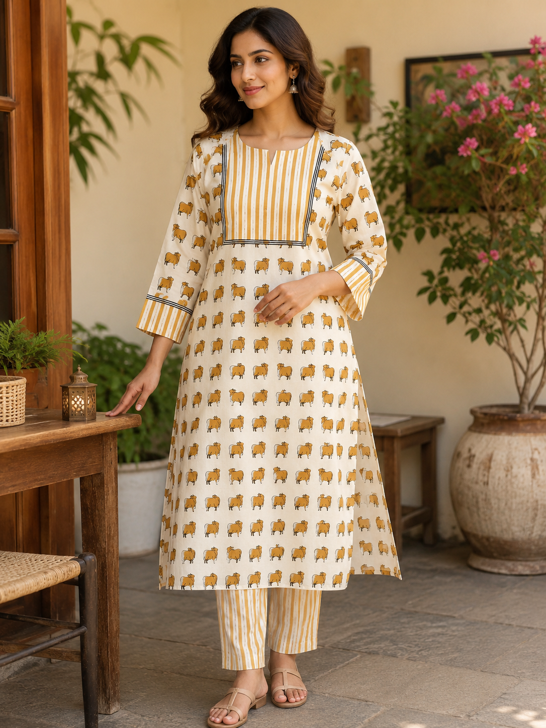Elegant Hand Block Printed Cotton Kurta and pant set - Sizes 40 - 46