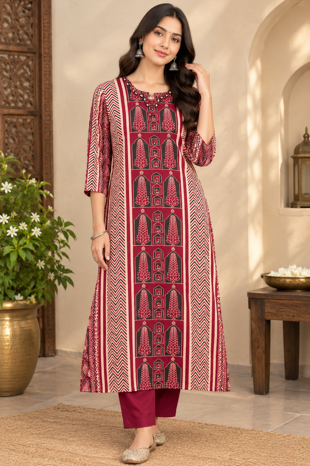 Beautiful Ajrakh Mashru Silk Kurta with Kutch mirror work size - 40-46