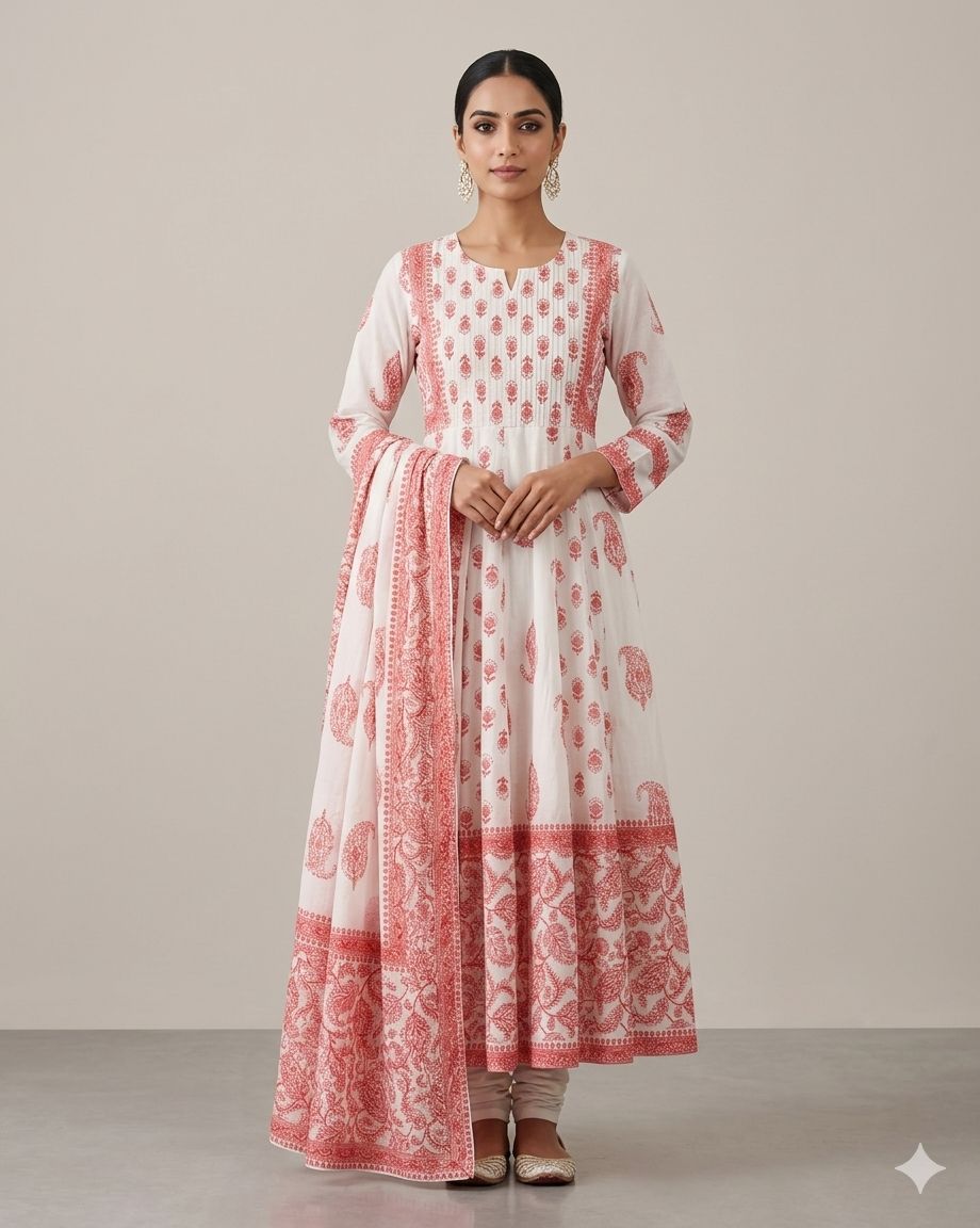 Beautiful Block Printed Anarkali Cotton dress - Kurta, Dupatta & Pant Set