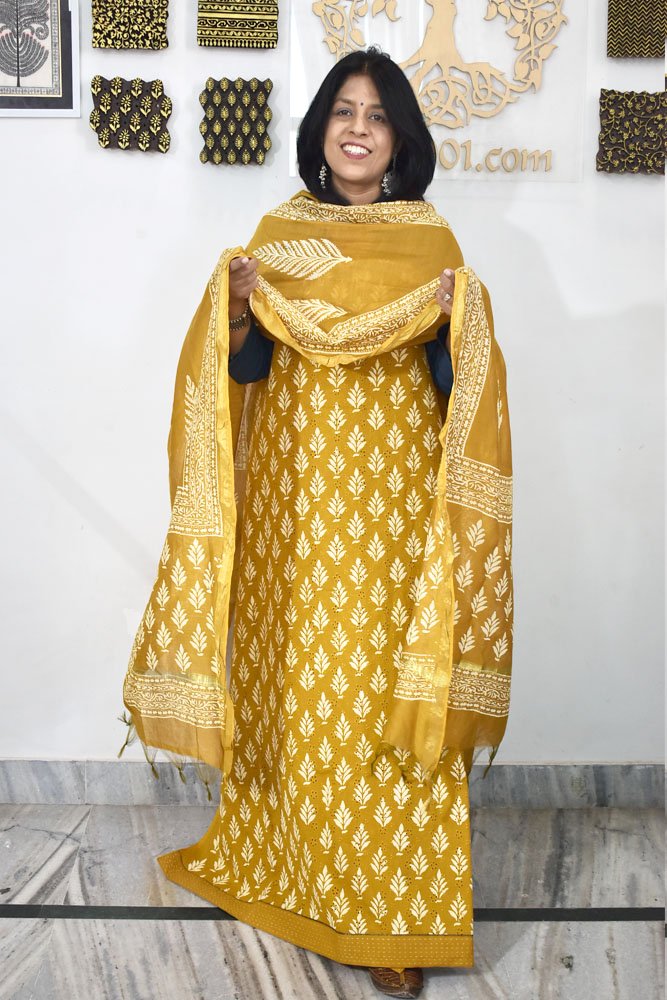 Elegant Hand Block print cotton suit with Schiffli work & Chanderi dupatta