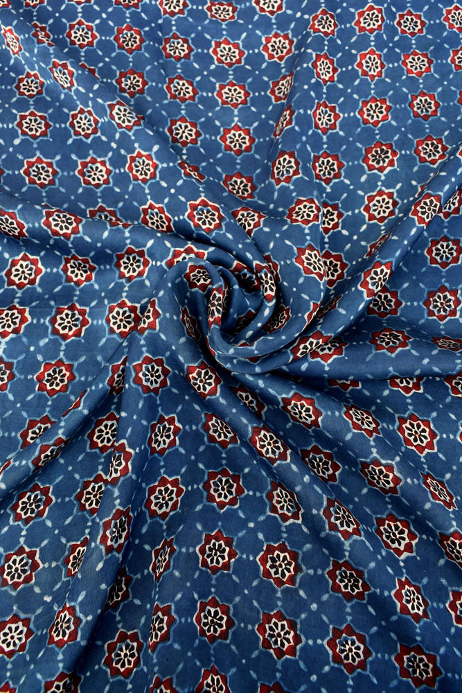 Beautiful Modal Silk Ajrakh Hand Block Print Fabric - 2.5 mtrs cut