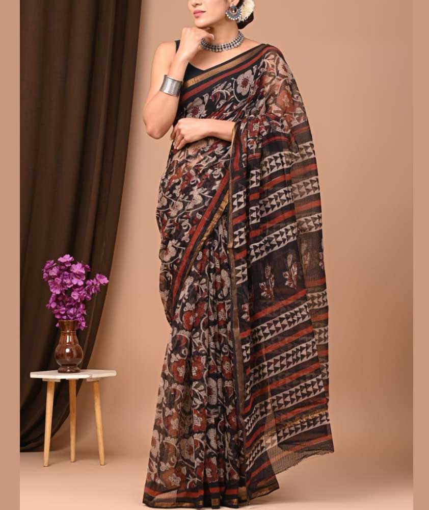 Beautiful Hand Block Printed Kota cotton Saree with zari border
