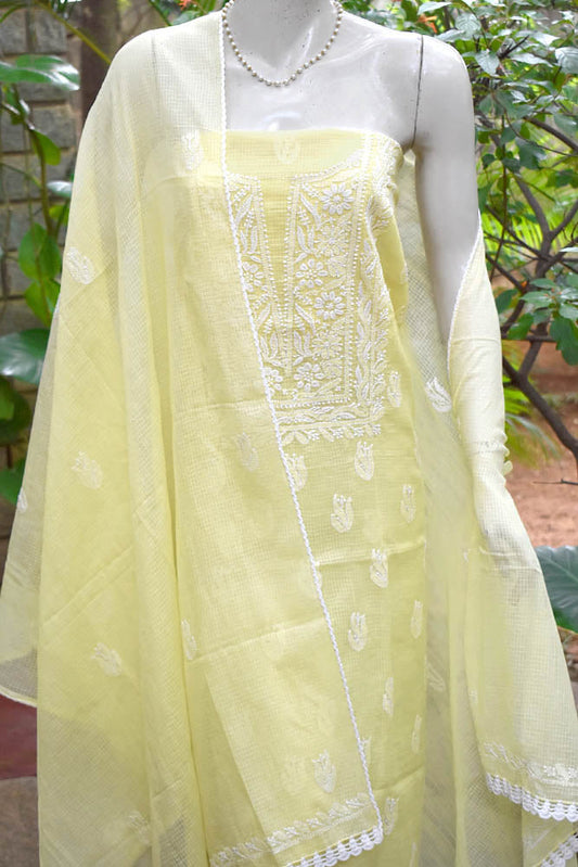 Elegant Kota Doria Kurta & Dupatta Set with Lucknowi Hand Chikankari embroidery