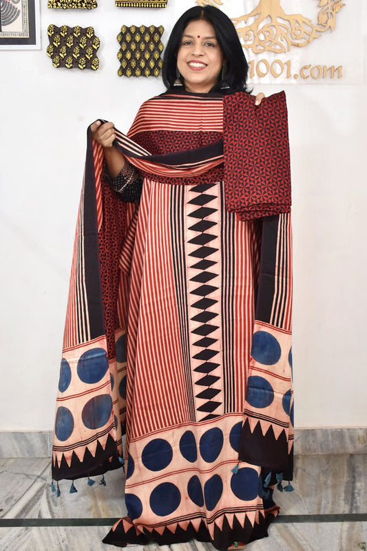 Designer Ajrakh Modal Silk Unstitched suit with  panel design, Ajrakh Dupatta & Bottom- 3 piece set