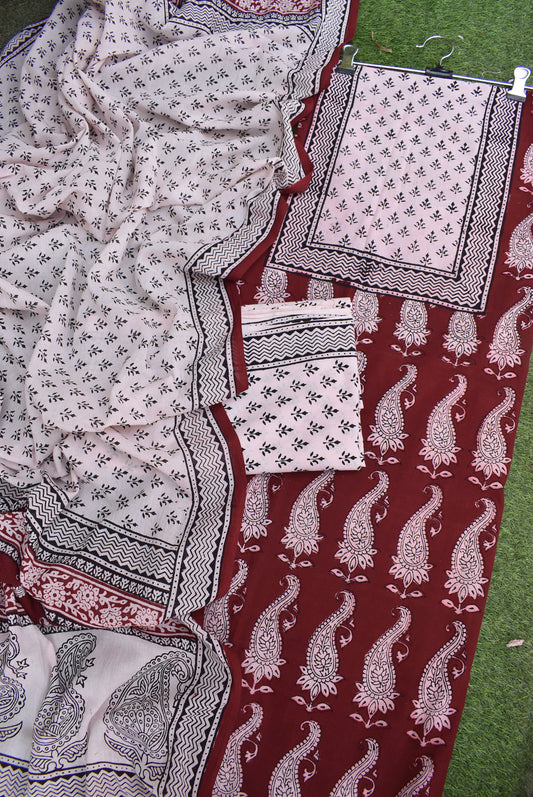 Bagh Hand Block Printed unstitched 3 pc Cotton suit fabric with Placement block print from MP