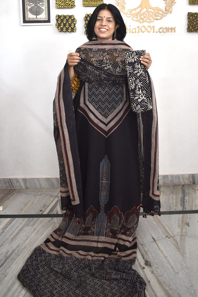 Designer Ajrakh Kota Unstitched suit with Kota Dupatta & Cotton Bottom - 3 piece set