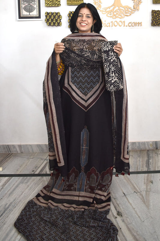 Designer Ajrakh Kota Unstitched suit with Kota Dupatta & Cotton Bottom - 3 piece set