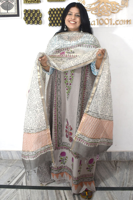 Designer Hand Block Print Cotton suit with Chanderi dupatta