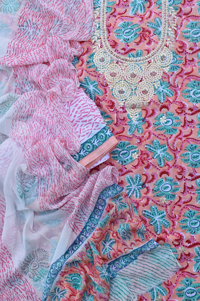 Beautiful Cotton Unstitched Suit Fabric with Gota Patti work