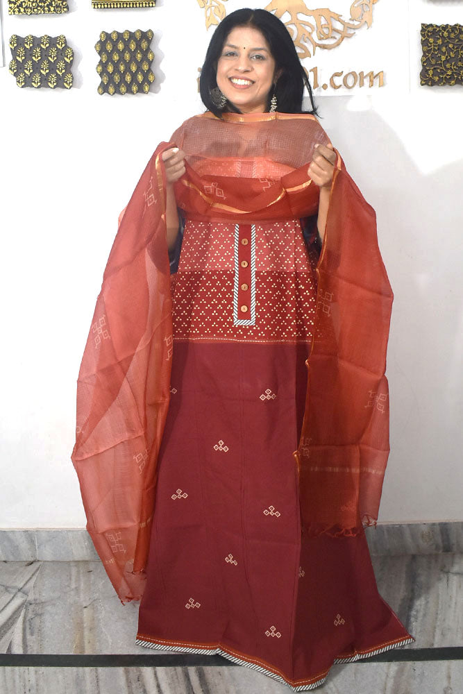 Beautiful Hand Block Printed Cotton Unstitched Suit Fabric  & Kota Silk dupatta With Cotton bottom
