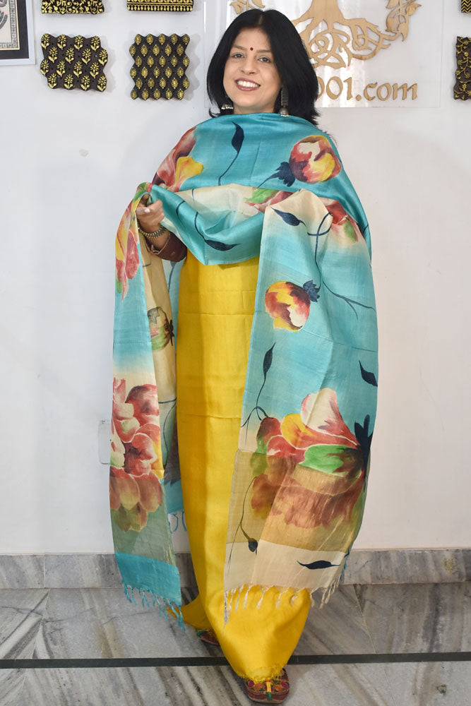 Beautiful Hand Block printed Tussar Silk Kurta Dupatta Set