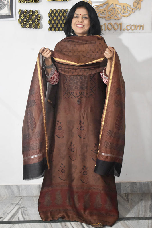 Bagh Hand Block Printed unstitched 3 pcs Handwoven Chanderi suit fabric with Zari borders
