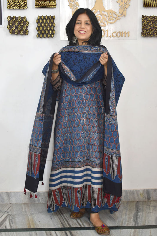Block Print Ajrakh Cotton Suit with designer Ajrakh neck yoke /panel & Long Stole