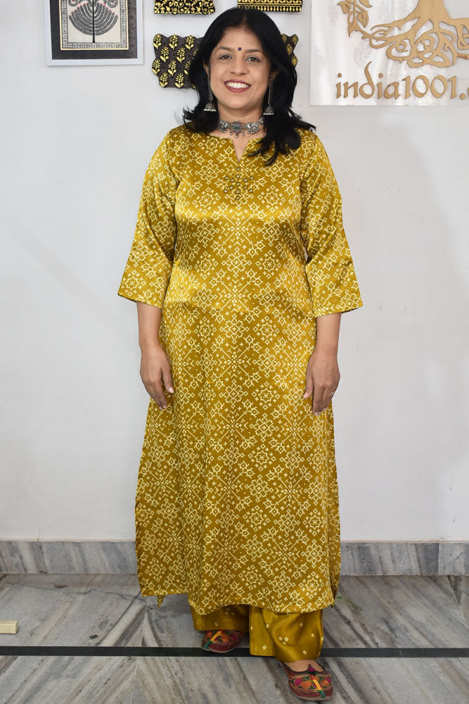 Beautiful Ajrakh Mashru Silk Kurta with Kutch Mirror work & Mashru pant size - 38 to 48