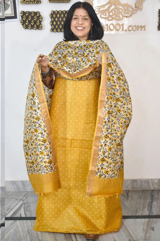 Beautiful Hand Block printed Tussar Silk Kurta Dupatta Set