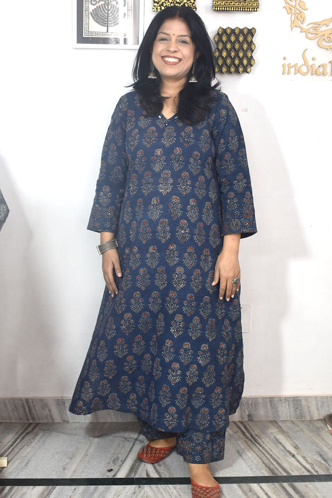 Designer Ajrakh cotton Kurta & Pant With Mirror Work - Size 38 to 46 ( all sizes)