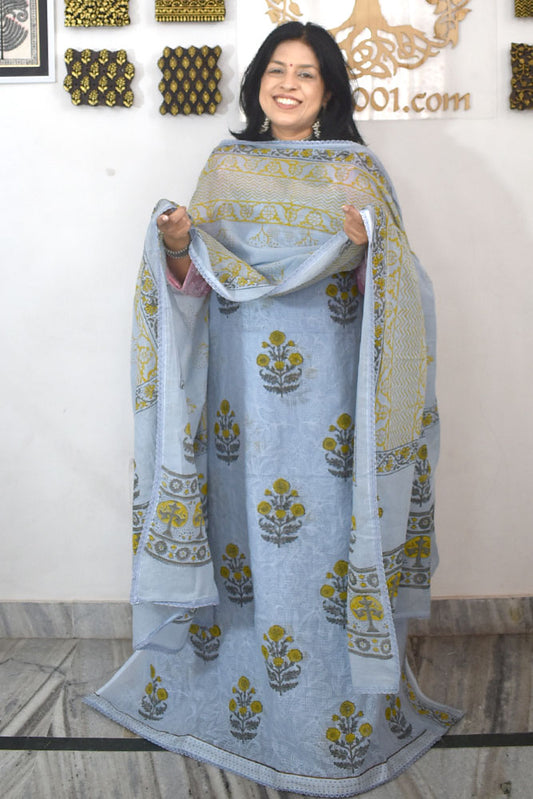 Elegant Kota cotton suit with tepchi work & Hand block printed dupatta