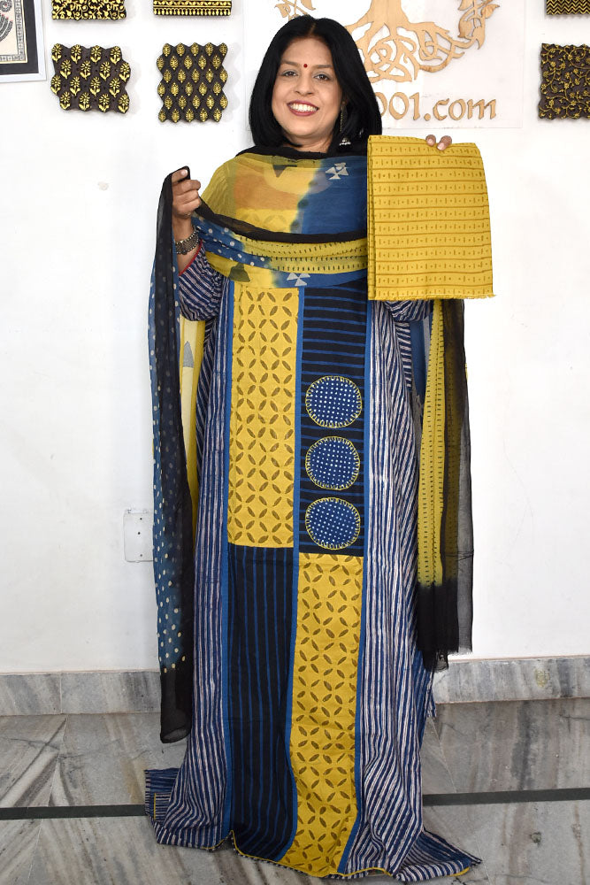 Designer Cotton Unstitched Suit Fabric with Embroidery, Bagru Block print patch & Chiffon dupatta