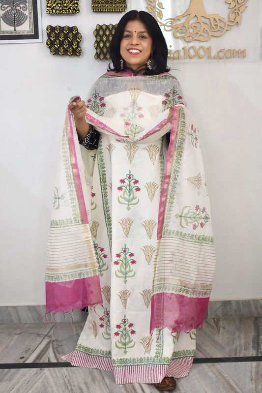 Hand Block Placement Print Cotton suit with Chanderi dupatta and panel design