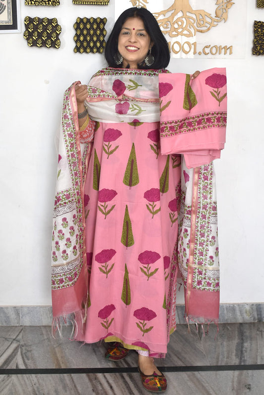Designer Hand Block Placement Print Cotton suit with Chanderi dupatta and panel design