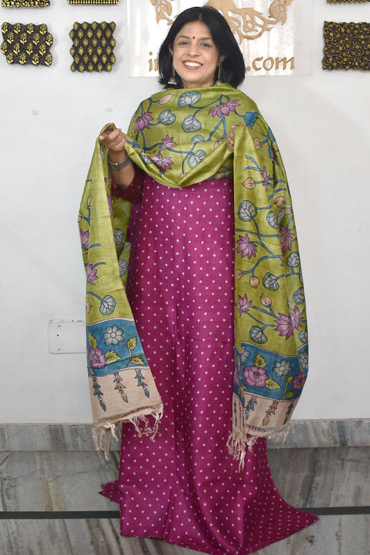 Beautiful Hand Block printed Tussar Silk Kurta Dupatta Set