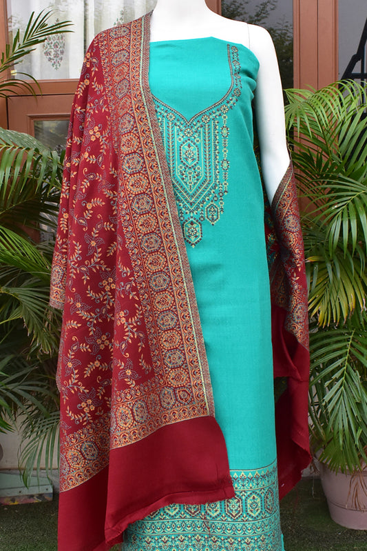 Beautiful Woolen Suit fabric & Stole with All over pattern and Zari & Thread weaving