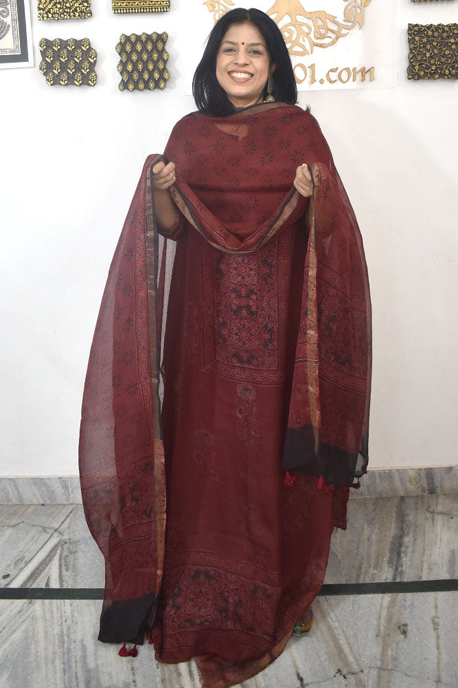 Designer Ajrakh Kota Silk Unstitched suit with Kota Silk Dupatta  - 2 piece set