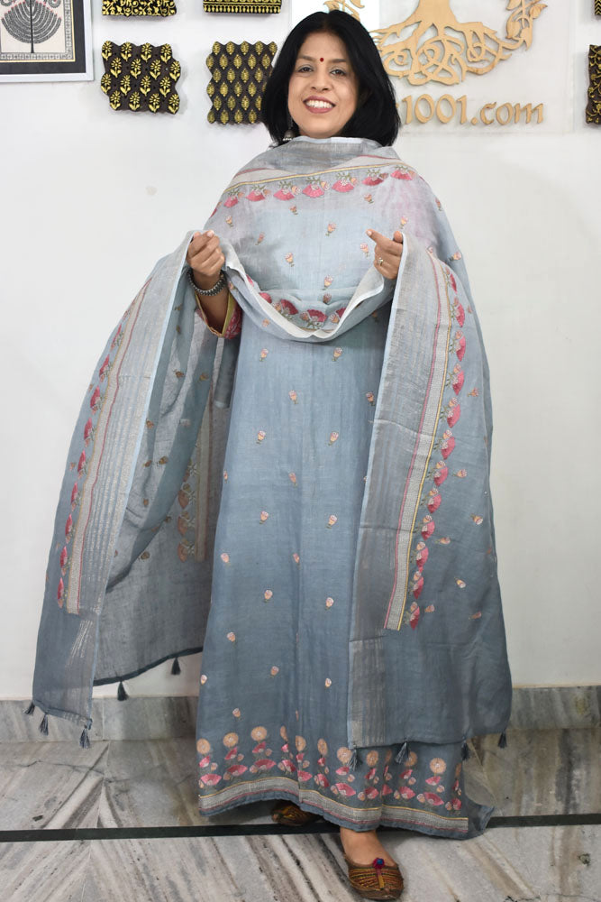 Beautiful Pure Linen suit with intricate embroidery on the kurta & dupatta and cotton silk bottom