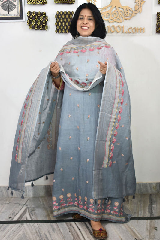 Beautiful Pure Linen suit with intricate embroidery on the kurta & dupatta and cotton silk bottom
