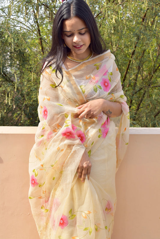 Prakriti : Beautiful Kota Doria Saree with Hand Painted Floral Motifs - Light beige color
